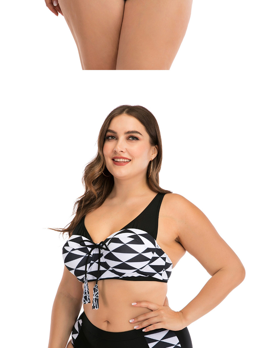Fashion Black Underwire Rhombus Print Stitching Tether Fringed Plus Size Split Swimsuit,Swimwear Plus Size