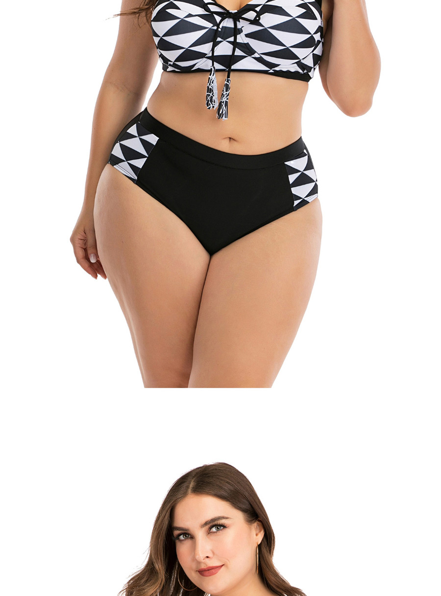 Fashion Black Underwire Rhombus Print Stitching Tether Fringed Plus Size Split Swimsuit,Swimwear Plus Size