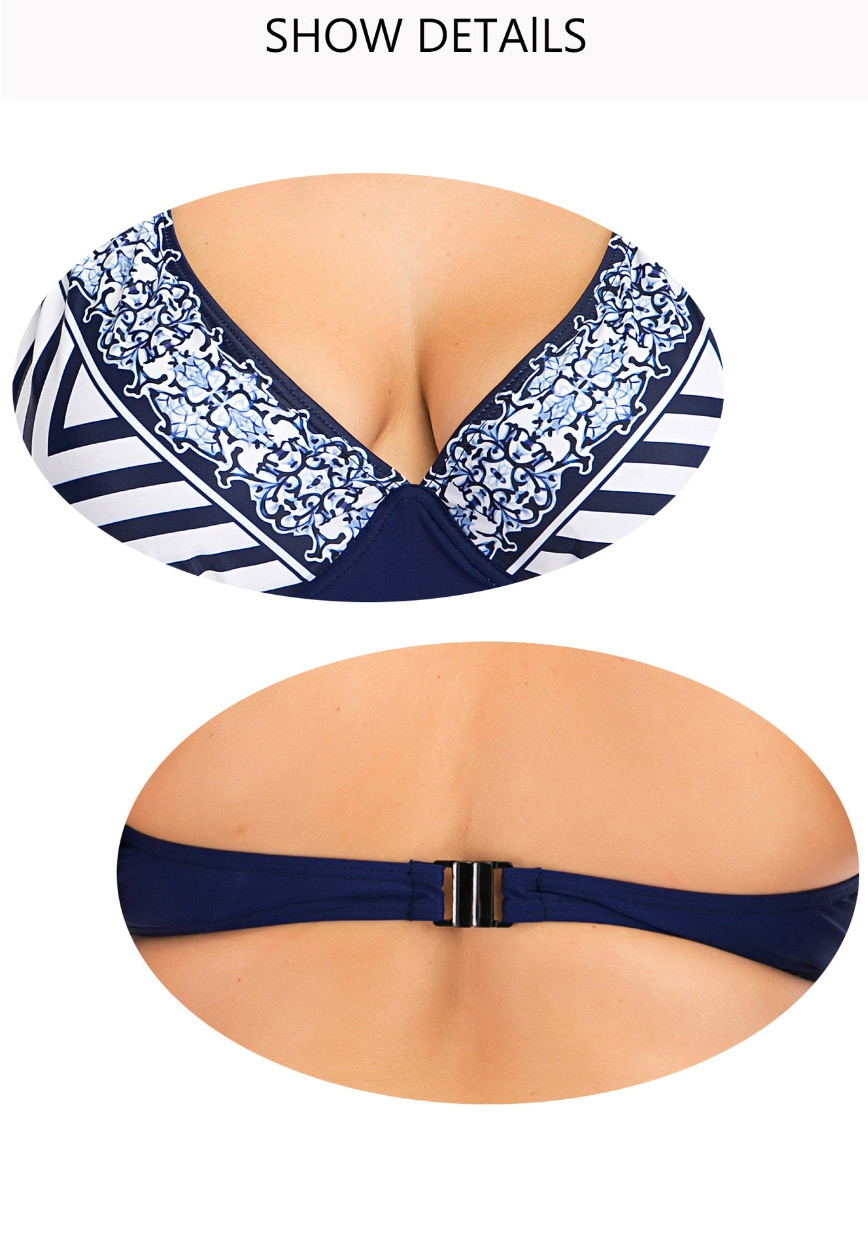 Fashion Dark Blue Underwire Striped Stitching Tether High Waist Plus Size Split Swimsuit,Swimwear Plus Size