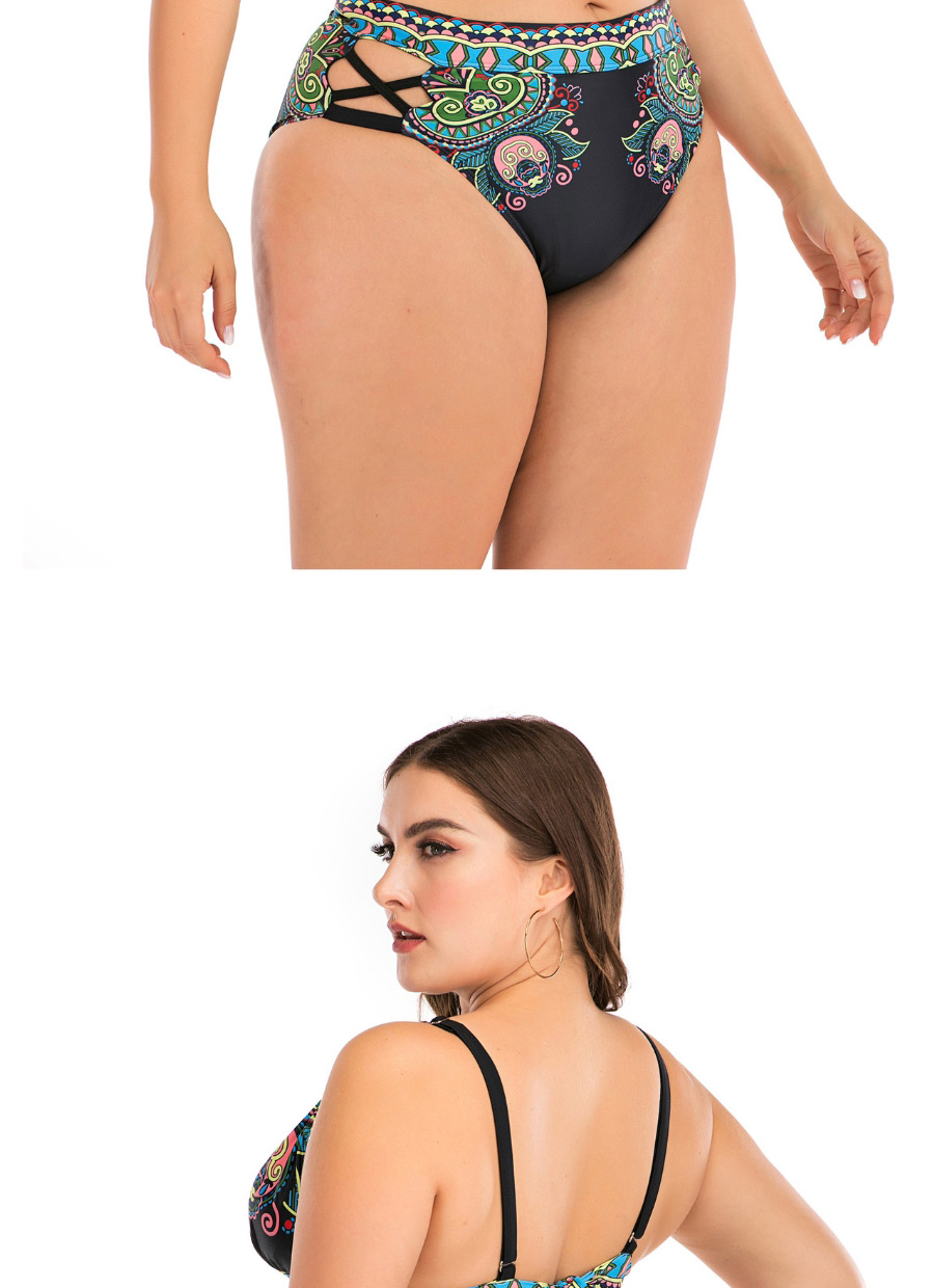 Fashion Black Printed Stitching Tether Strap Cutout Split Swimsuit,Swimwear Plus Size