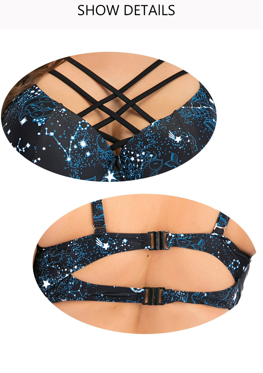 Fashion Ink-blue Colour Star Print Cross Cutout High Waist Plus Size Split Swimsuit,Swimwear Plus Size