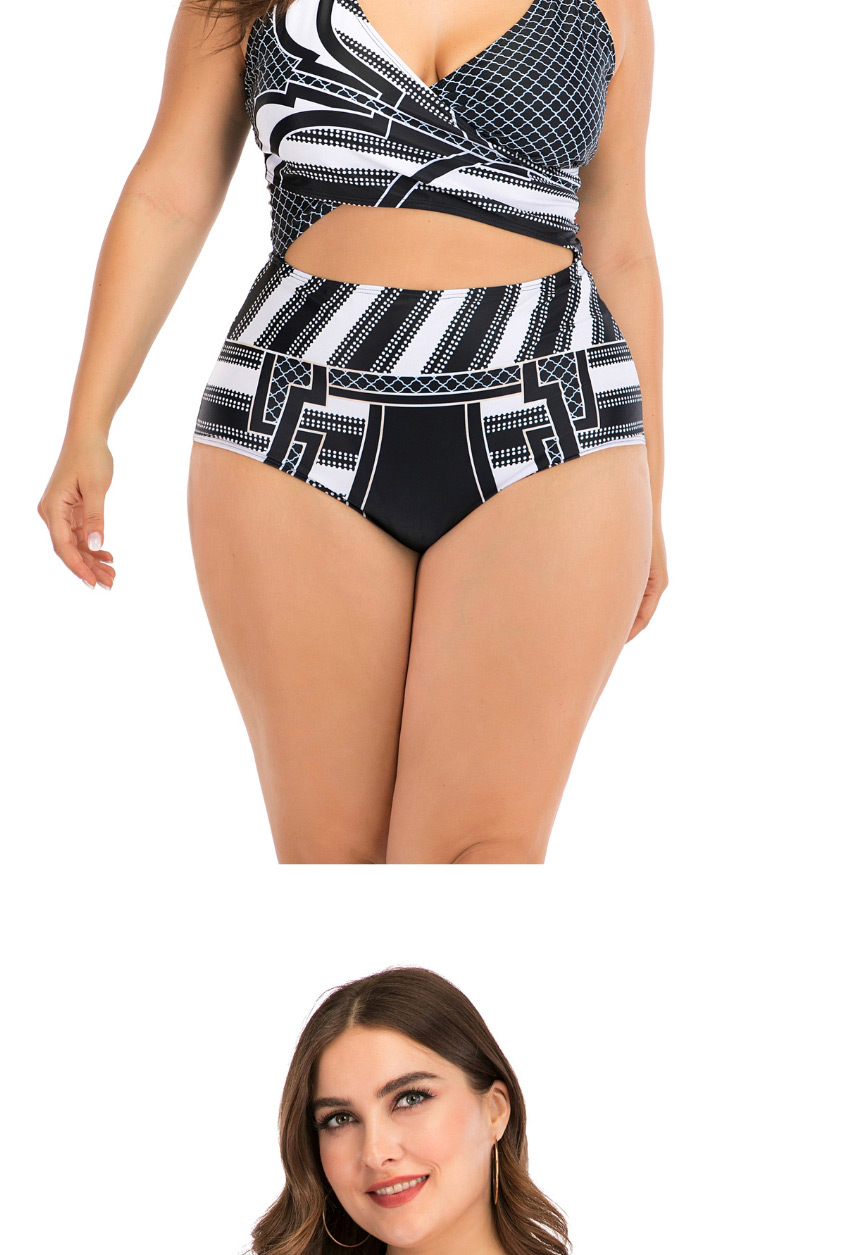 Fashion Black And White Panel Print Cutout Plus Size One-piece Swimsuit,Swimwear Plus Size