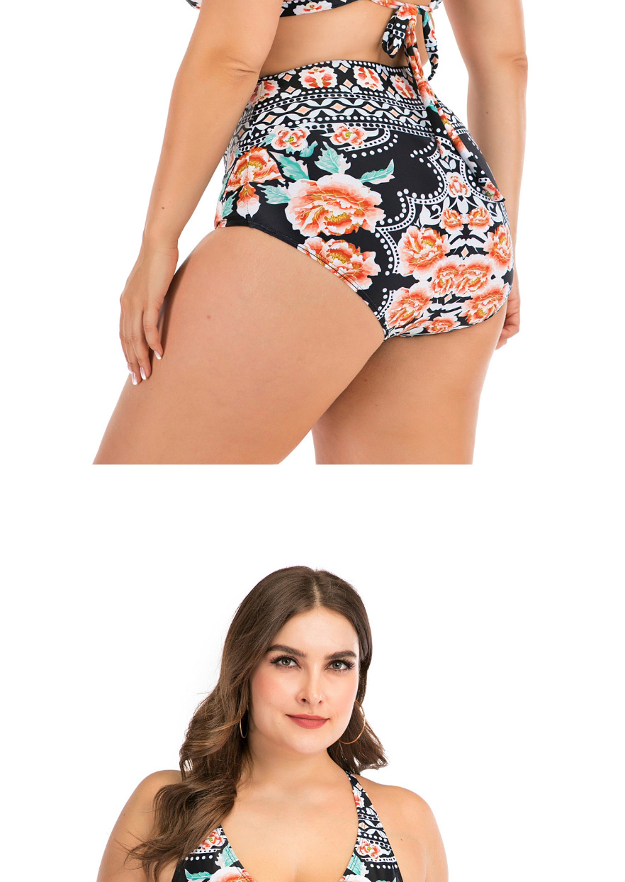 Fashion Orange Flower Flower Print High Waist Plus Size Split Swimsuit,Swimwear Plus Size
