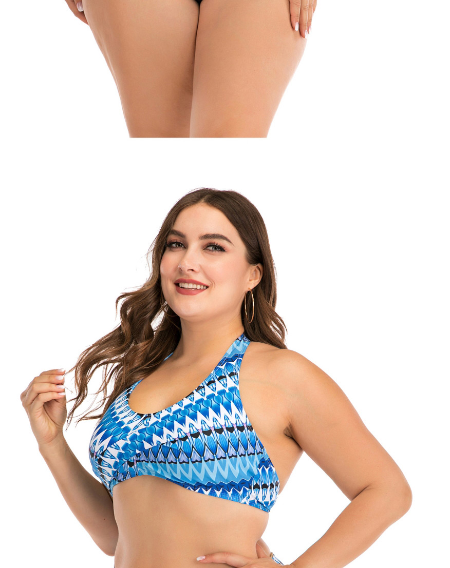 Fashion Blue Printed Stitching Halter Plus Size Split Swimsuit,Swimwear Plus Size