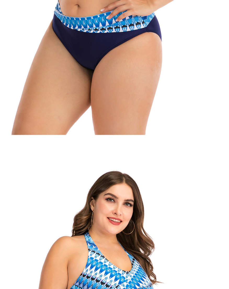 Fashion Blue Printed Stitching Halter Plus Size Split Swimsuit,Swimwear Plus Size
