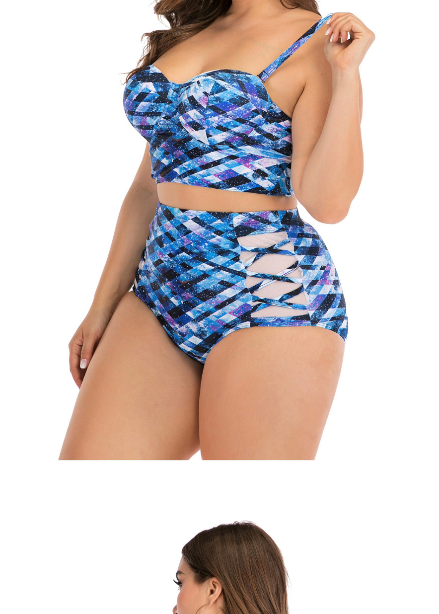 Fashion Blue Underwire Bandeau Mesh Cutout Plus Size Split Swimsuit,Swimwear Plus Size