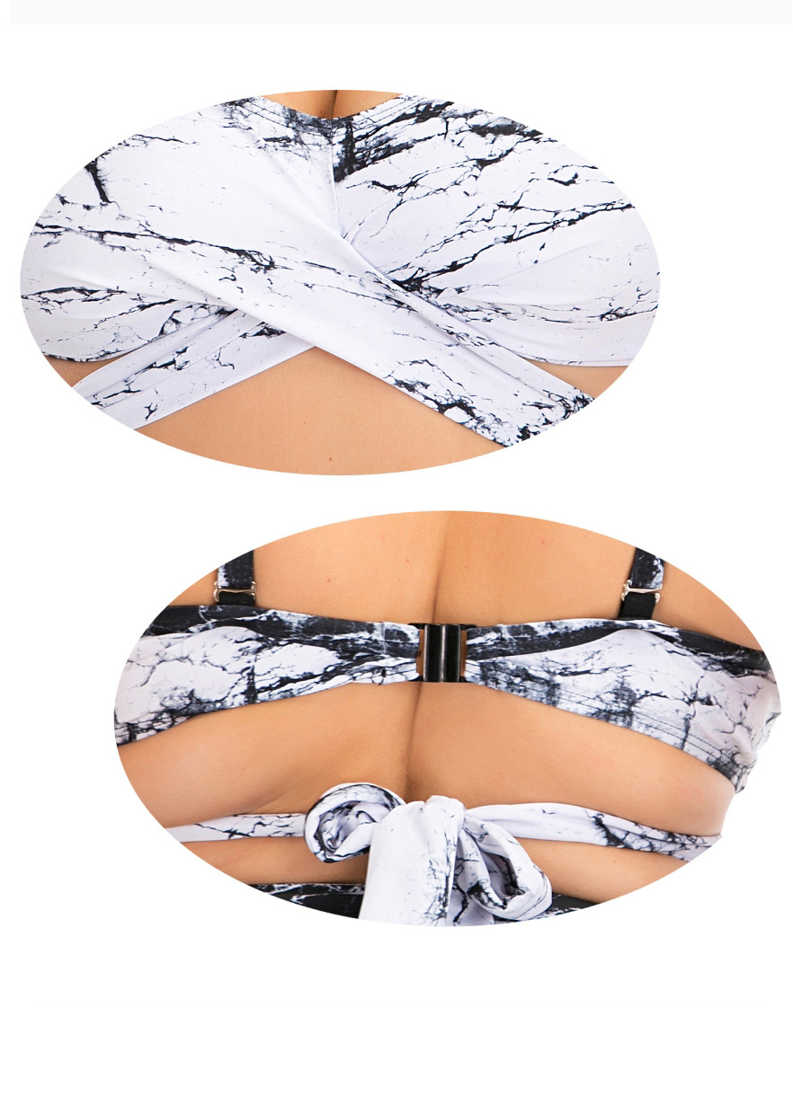 Fashion Black And White Printed Stitching Contrast Cross-cut High-waist Split Swimsuit,Swimwear Plus Size
