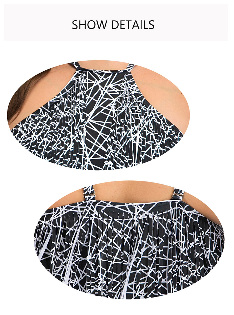 Fashion Black Halter Printed Fringed One-piece Swimsuit,Swimwear Plus Size