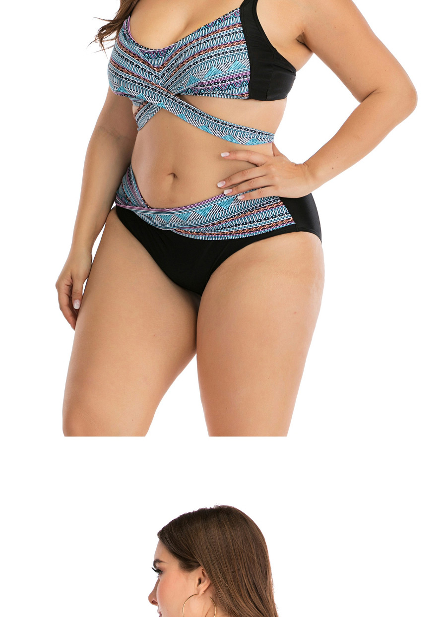 Fashion Haze Blue Printed Stitching Cross Cutout Plus Size Split Swimsuit,Swimwear Plus Size