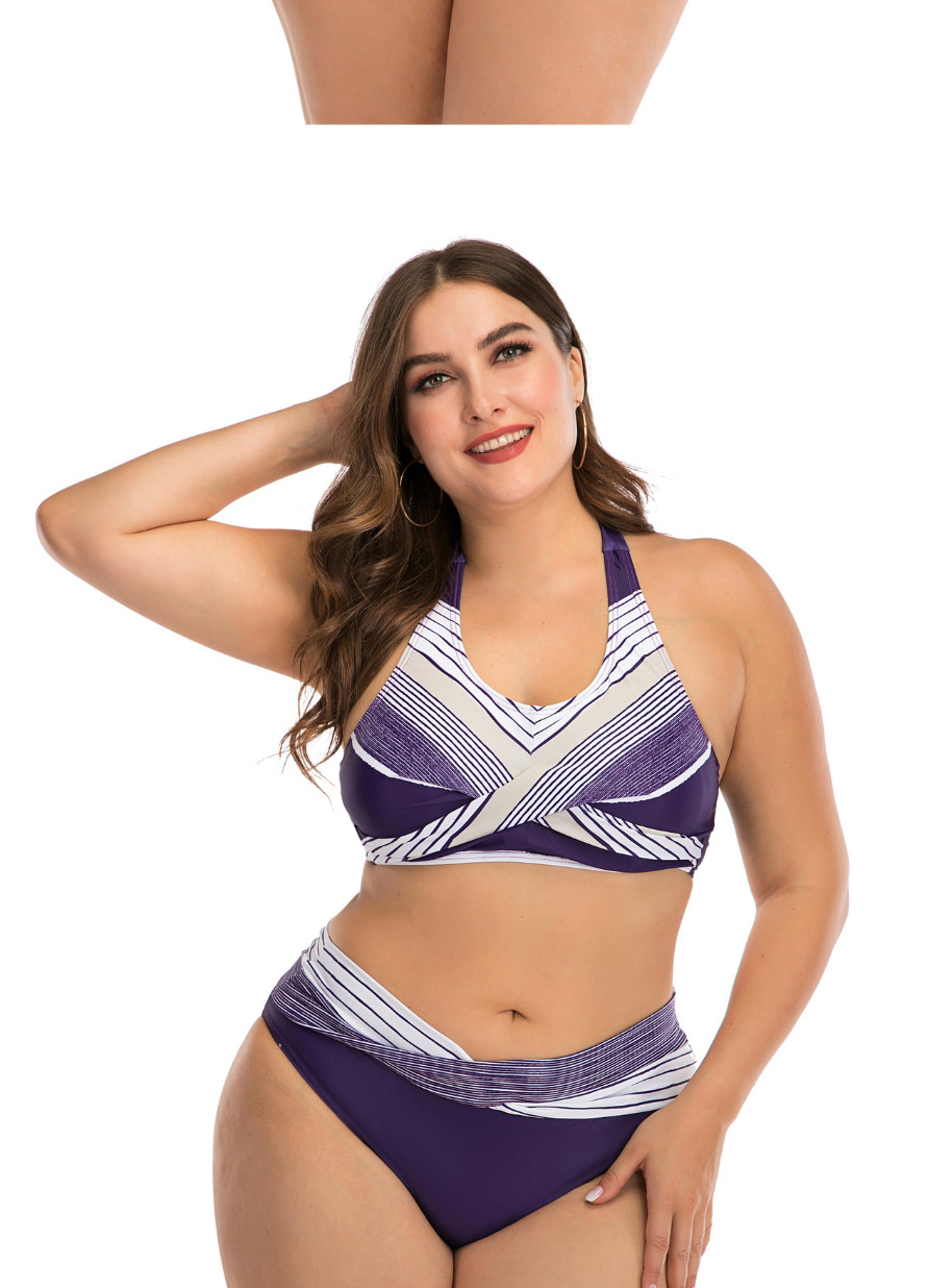 Fashion Purple Printed Stitching Contrast Large Size Split Swimsuit,Swimwear Plus Size