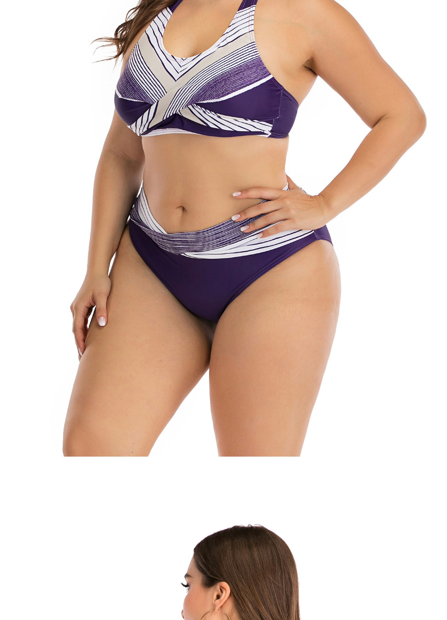 Fashion Purple Printed Stitching Contrast Large Size Split Swimsuit,Swimwear Plus Size