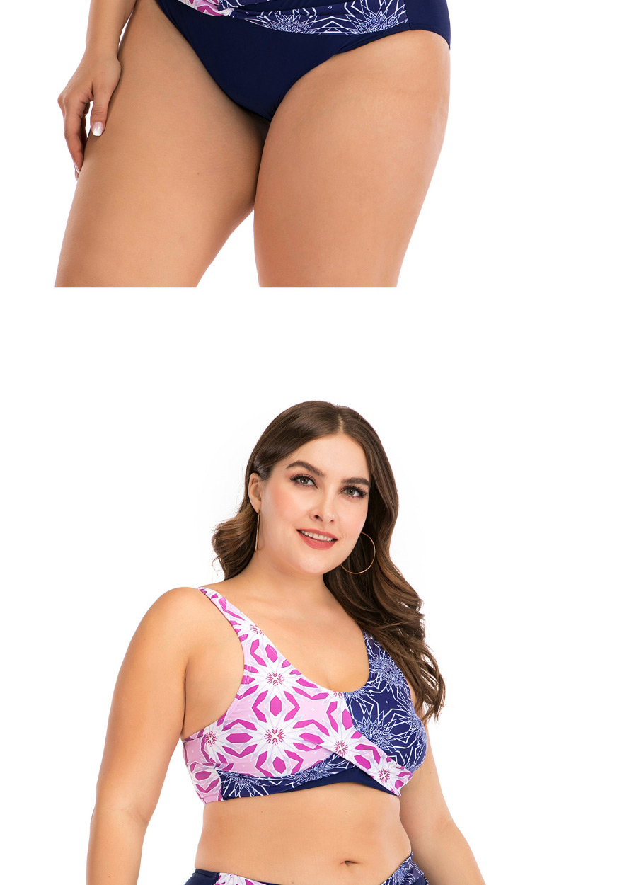 Fashion Dark Blue Flower Print Contrast Color Stitching Large Size Split Swimsuit,Swimwear Plus Size