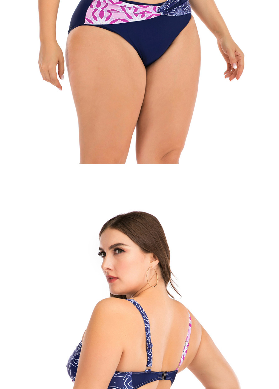 Fashion Dark Blue Flower Print Contrast Color Stitching Large Size Split Swimsuit,Swimwear Plus Size