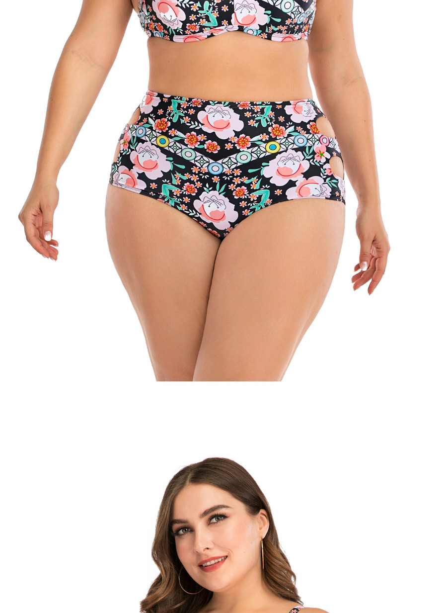 Fashion Color Flower Print High Waist Cutout Plus Size Split Swimsuit,Swimwear Plus Size