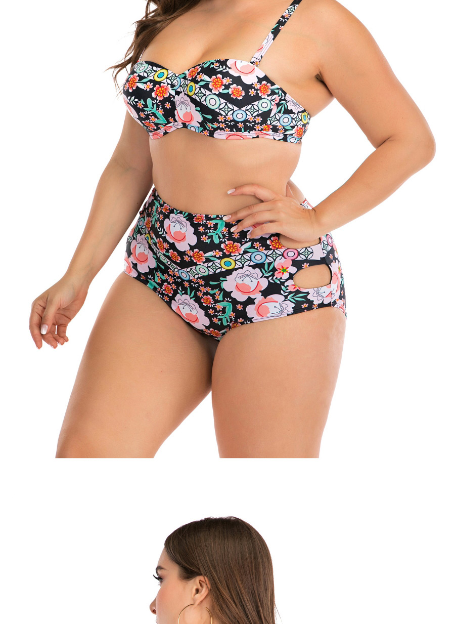 Fashion Color Flower Print High Waist Cutout Plus Size Split Swimsuit,Swimwear Plus Size