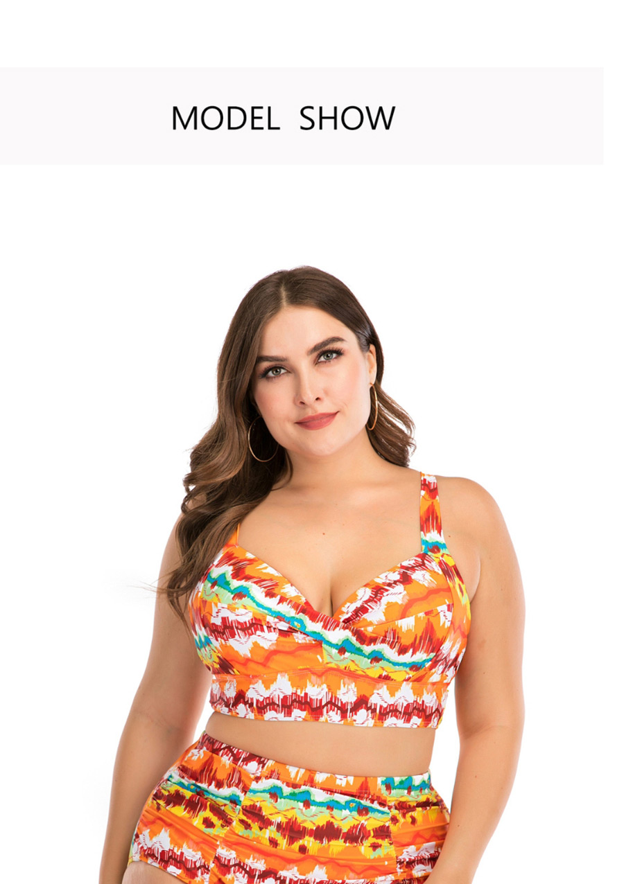 Fashion Orange Printed Contrast-paneled High-waist Split Swimsuit,Swimwear Plus Size