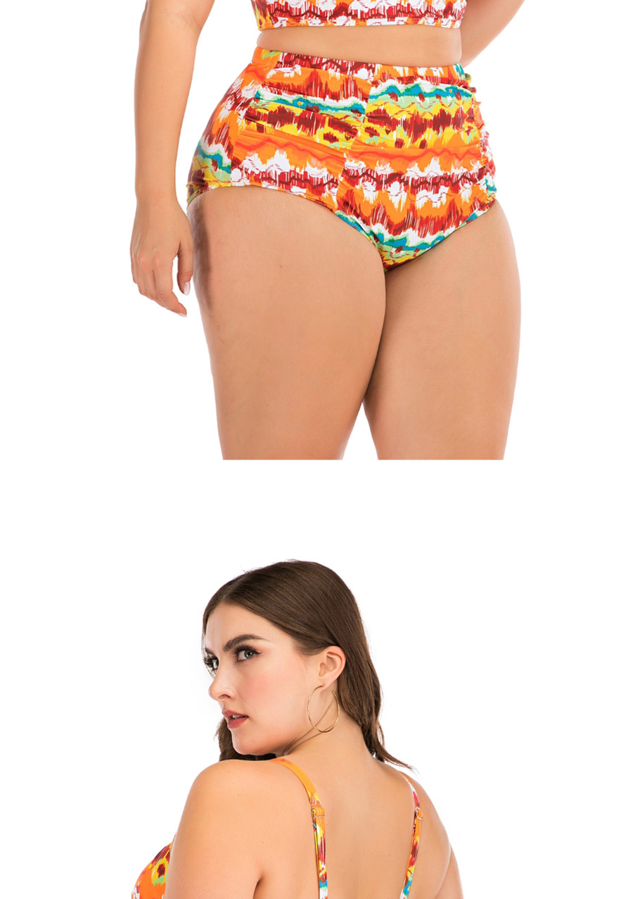 Fashion Orange Printed Contrast-paneled High-waist Split Swimsuit,Swimwear Plus Size