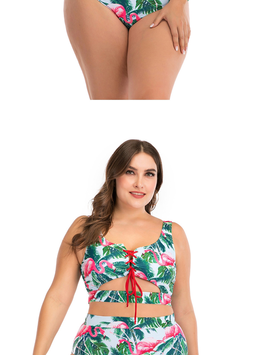 Fashion Green Flamingo Print Tether Strap Cutout High Waist Split Swimsuit,Swimwear Plus Size