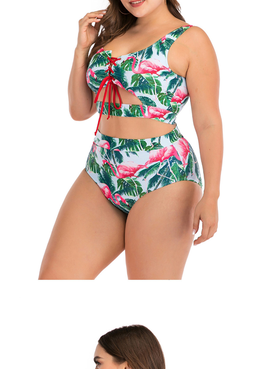 Fashion Green Flamingo Print Tether Strap Cutout High Waist Split Swimsuit,Swimwear Plus Size