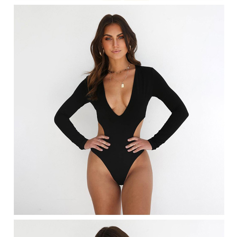Fashion Black Long-sleeved Deep V-backless One-piece Swim,One Pieces