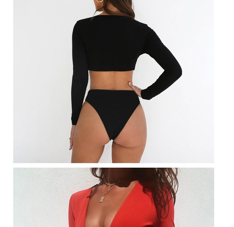 Fashion Black Long-sleeved Deep V-backless One-piece Swim,One Pieces