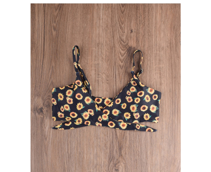 Fashion Black Buttoned Chest Split Sunflower Split Swimsuit,Bikini Sets