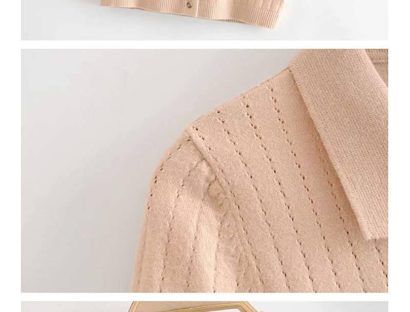 Fashion Beige Hollow Lapel Single-breasted Knitted Sweater,Sweater