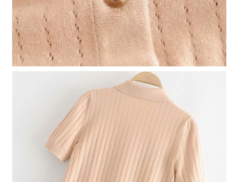 Fashion Beige Hollow Lapel Single-breasted Knitted Sweater,Sweater