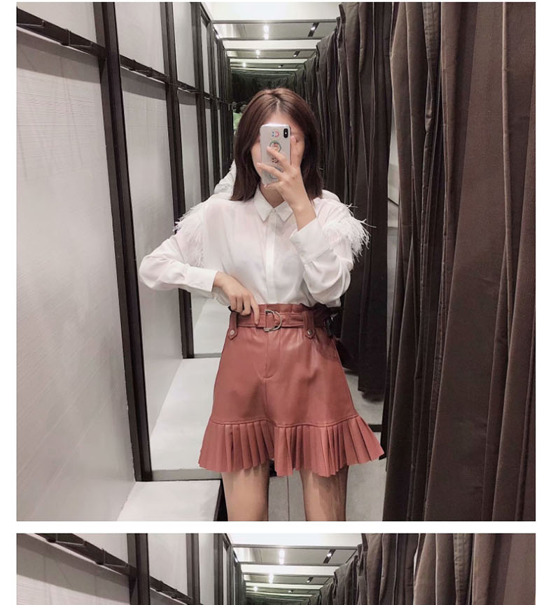 Fashion Green Small Pleated Faux Leather Belt Skirt,Skirts