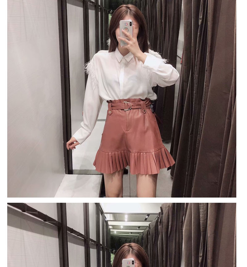 Fashion Green Small Pleated Faux Leather Belt Skirt,Skirts