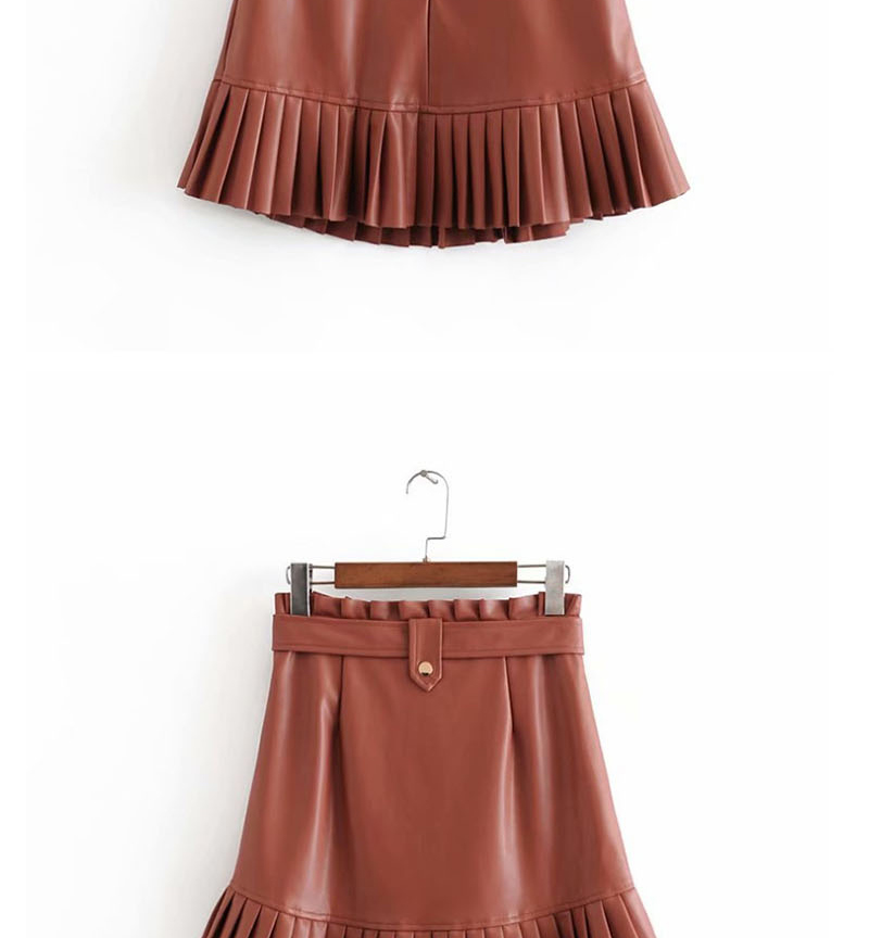 Fashion Red Small Pleated Faux Leather Belt Skirt,Skirts