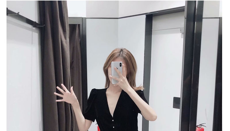 Fashion Black Velvet V-neck Single-breasted Dress,Mini & Short Dresses