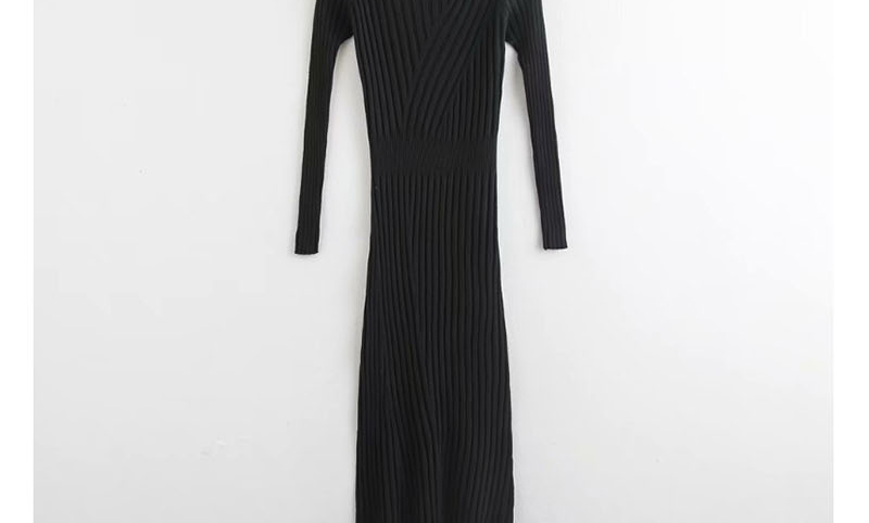 Fashion Black V-neck Knitted Dress,Long Dress