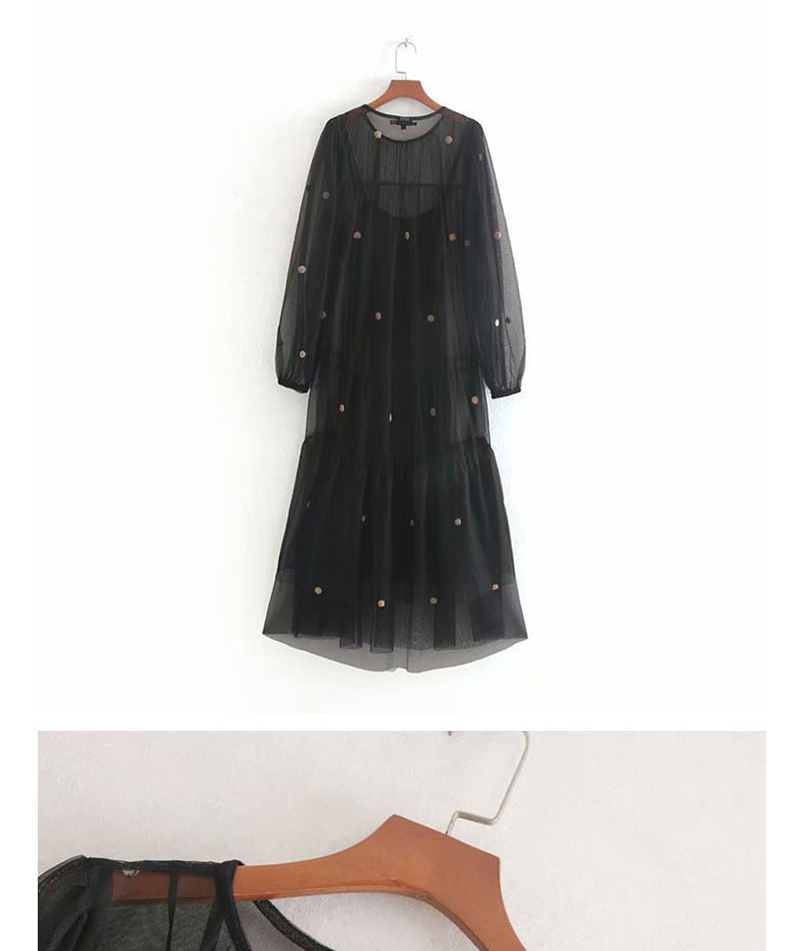 Fashion Black Polka-dot Tulle Panel Ruffle Dress,Long Dress
