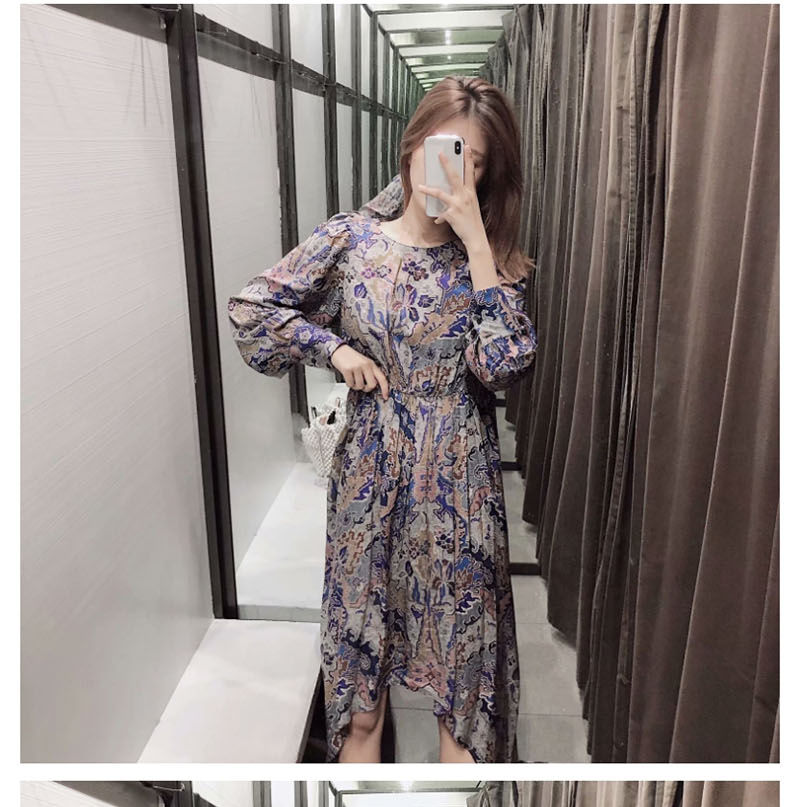 Fashion Color Asymmetric Flower Print Dress,Long Dress