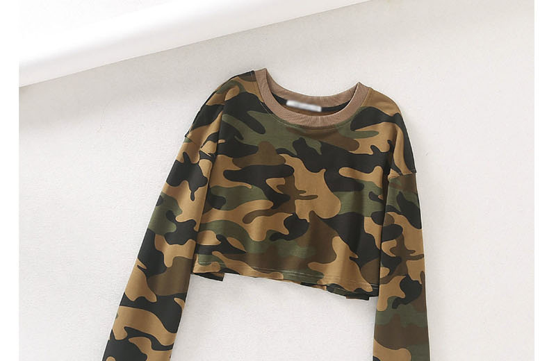 Fashion Green Camouflage Printed Navel Crew Neck Sweater,Hair Crown