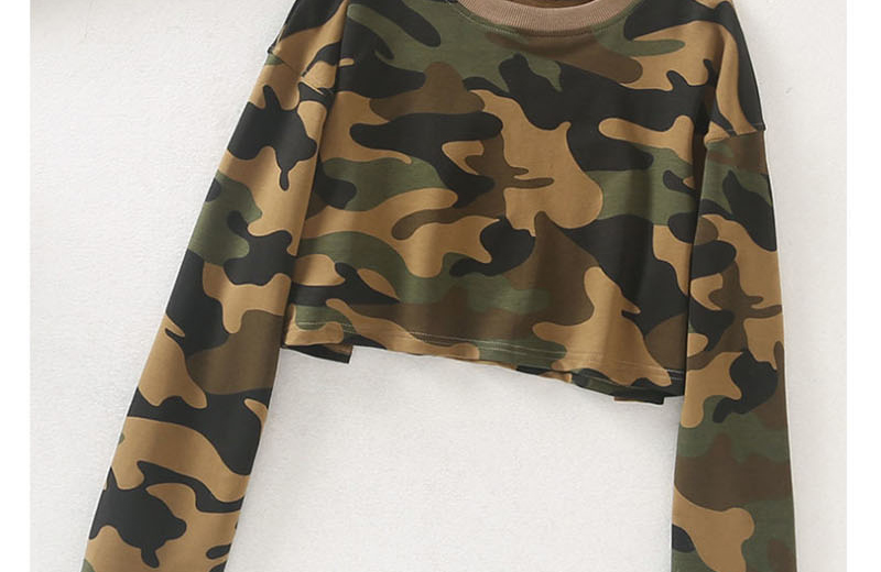 Fashion Green Camouflage Printed Navel Crew Neck Sweater,Hair Crown