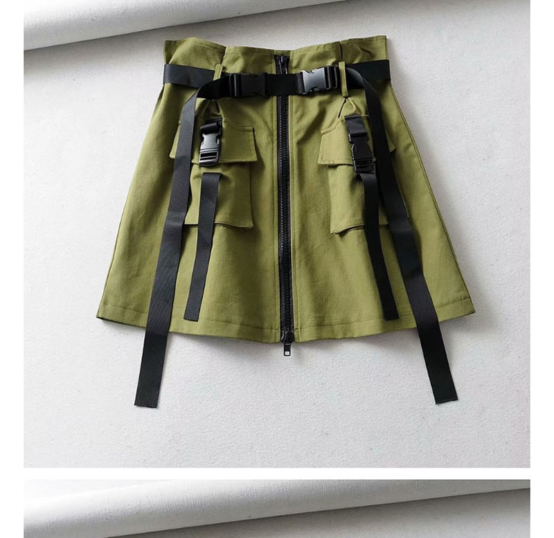 Fashion Army Green Belted Multi-pocket Skirt,Skirts