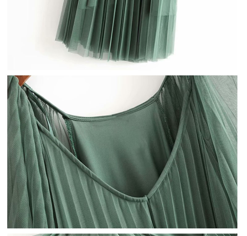 Fashion Green Tulle Pleated V-neck Dress,Long Dress