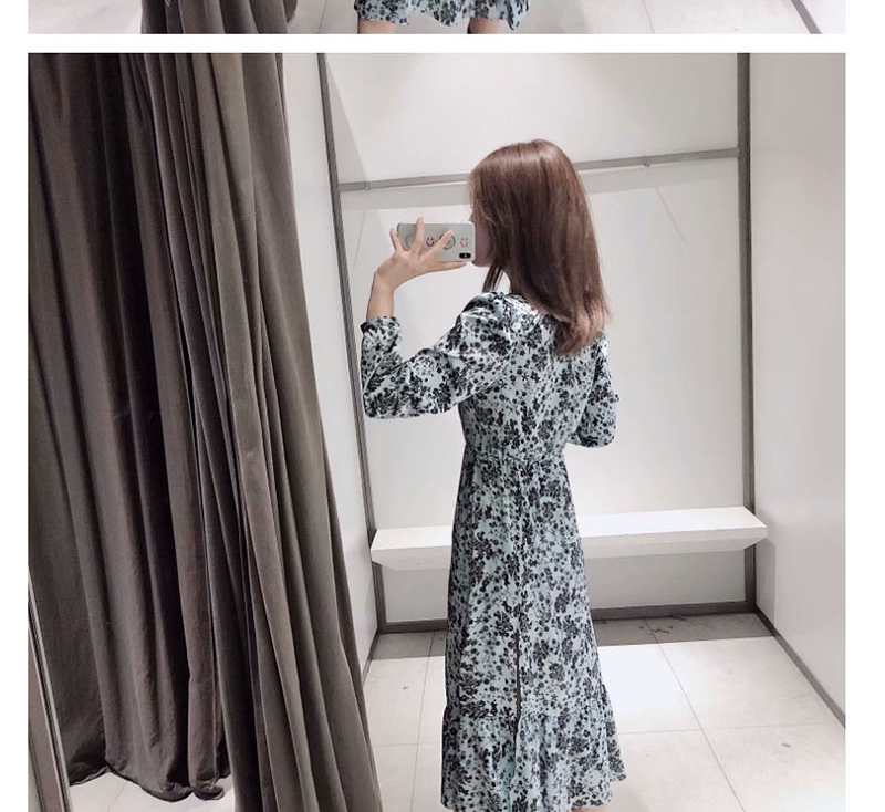 Fashion Gray Blue Flower Print V-neck Lace Dress,Long Dress