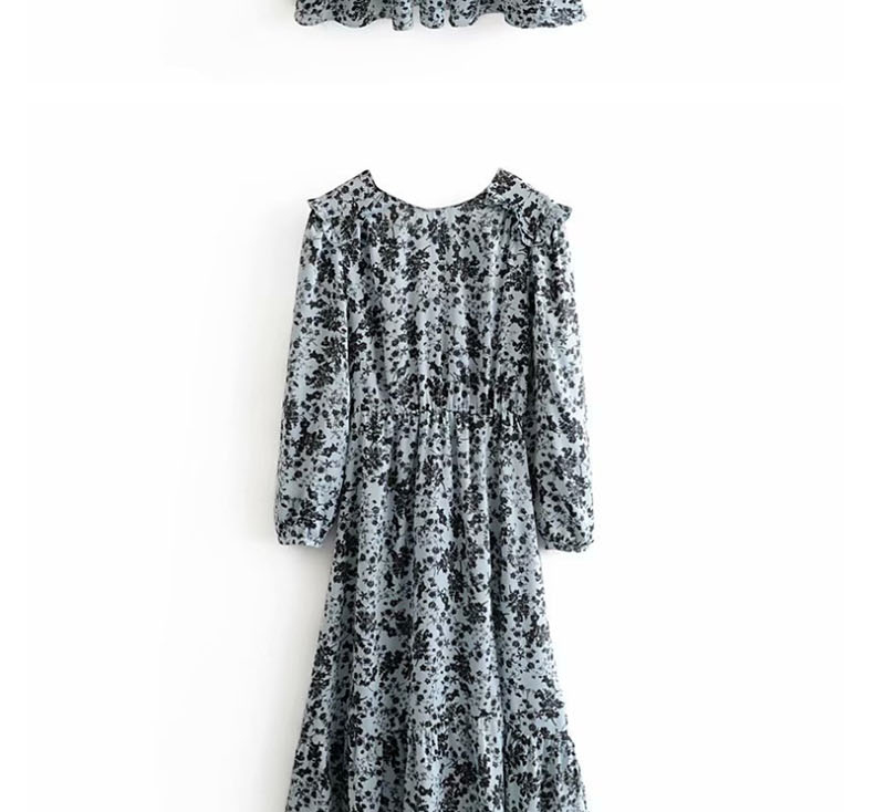 Fashion Gray Blue Flower Print V-neck Lace Dress,Long Dress
