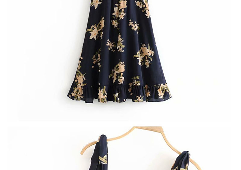 Fashion Navy Flower-print Ruffled Strapless Open-back Dress,Mini & Short Dresses
