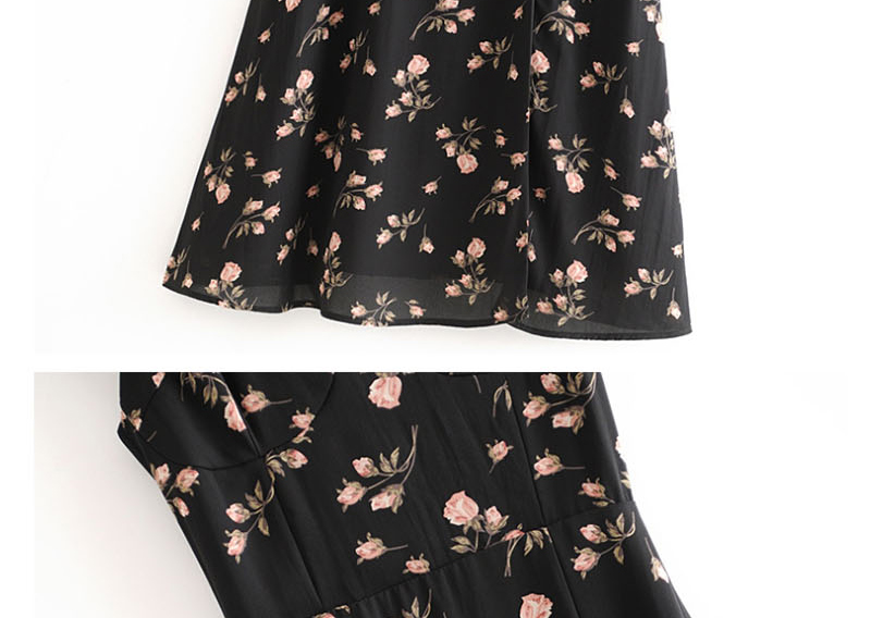 Fashion Black Floral Print Hem Split Vest Dress,Mini & Short Dresses