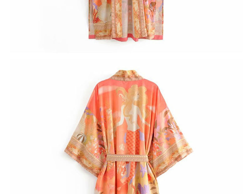 Fashion Orange Beauty Print Lace Up Kimono,Sunscreen Shirts