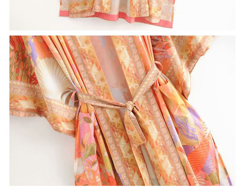 Fashion Orange Beauty Print Lace Up Kimono,Sunscreen Shirts