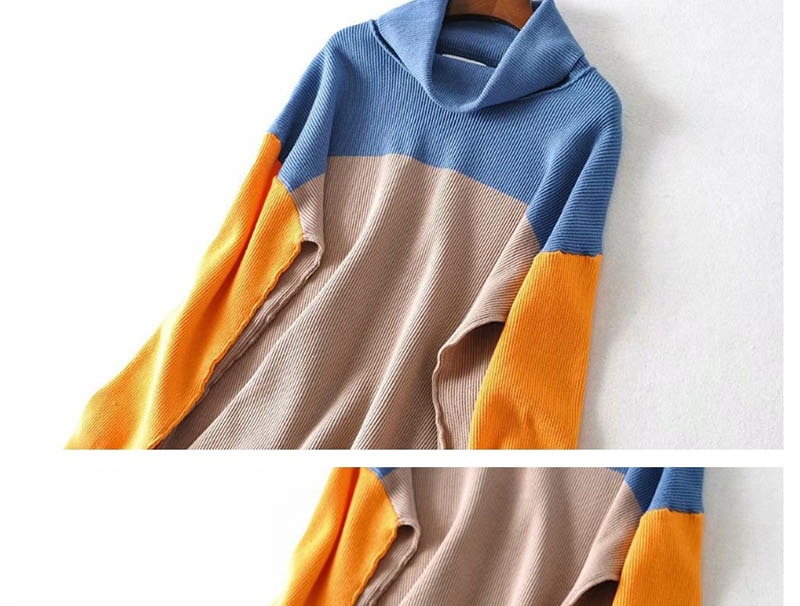 Fashion Blue + Khaki + Orange Anti-needle Colorblock Turtleneck Sweater,Sweater