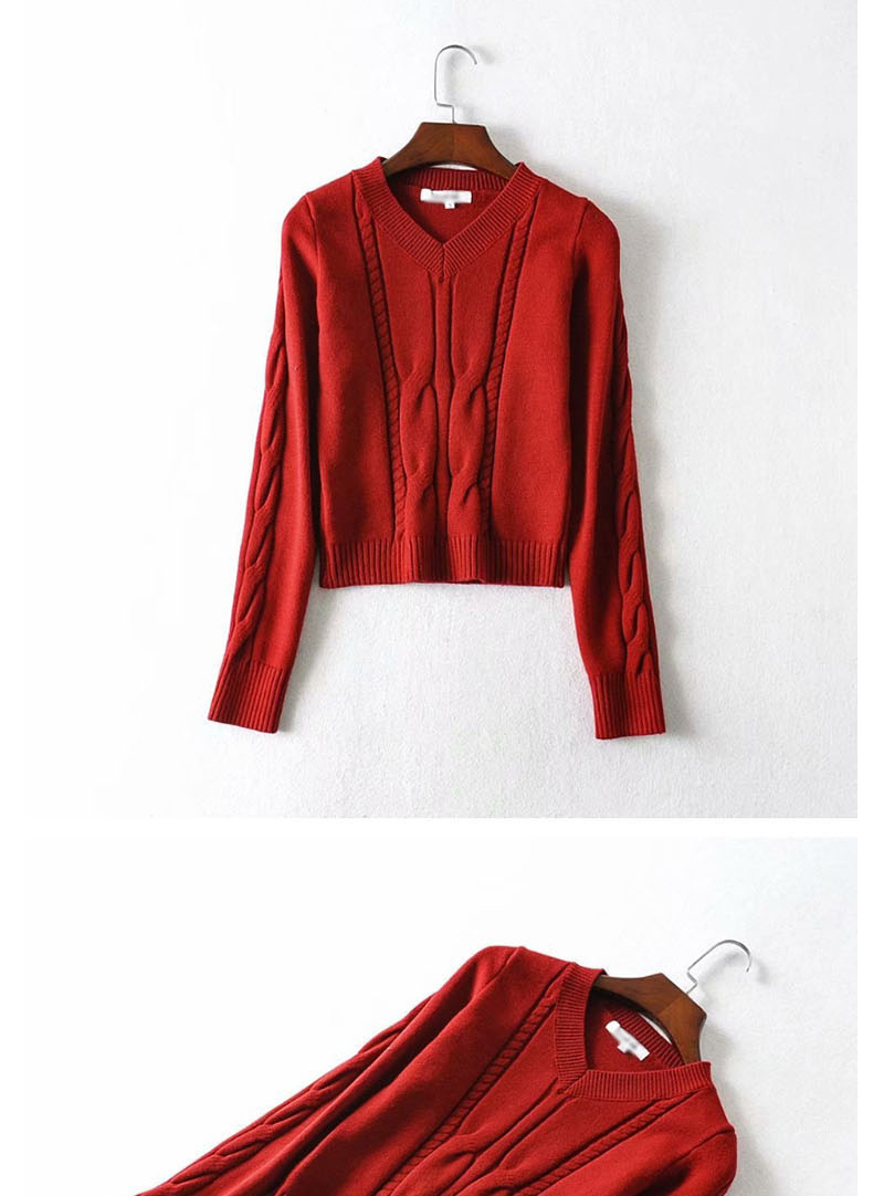 Fashion Wine Red V-neck Twist Knit Sweater,Sweater