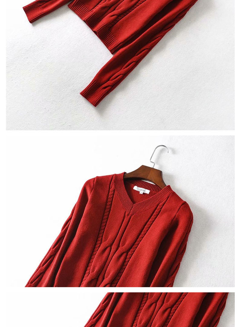 Fashion Wine Red V-neck Twist Knit Sweater,Sweater