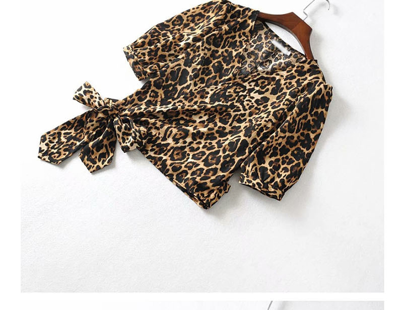 Fashion Leopard Print Printed Lace-up Around V-neck Shirt,Hair Crown