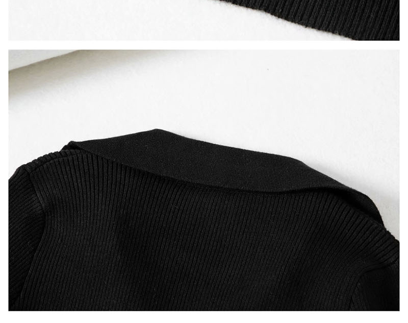 Fashion Black Unbuttoned Asymmetric Vpolo Collar Sweater,Sweater